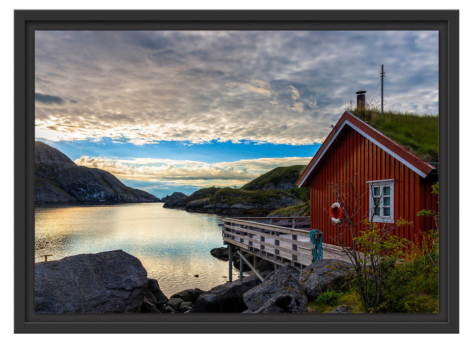 Sonnenaufgang am Fjord Norwegens Schattenfugenrahmen 55x40