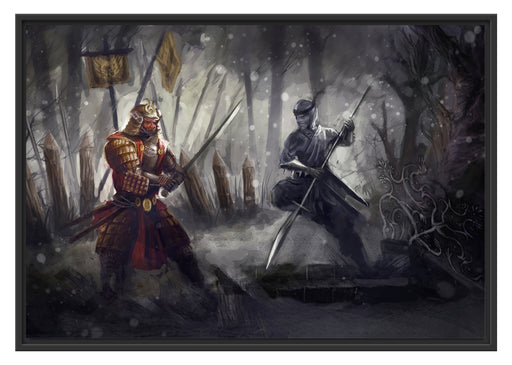 Kampf zwischen Samurai und Ninja Schattenfugenrahmen 100x70