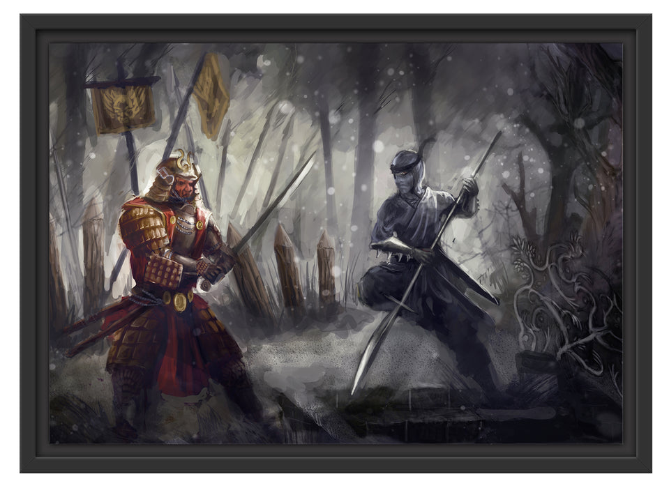 Kampf zwischen Samurai und Ninja Schattenfugenrahmen 55x40