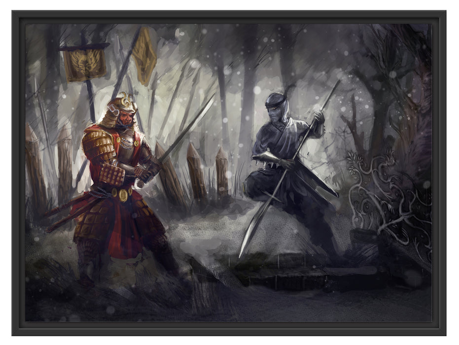 Kampf zwischen Samurai und Ninja Schattenfugenrahmen 80x60