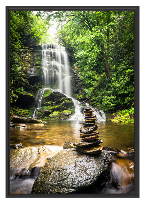 Pixxprint Zen Steine vor Wasserfall, im Schwebe-Effekt Bilderrahmen