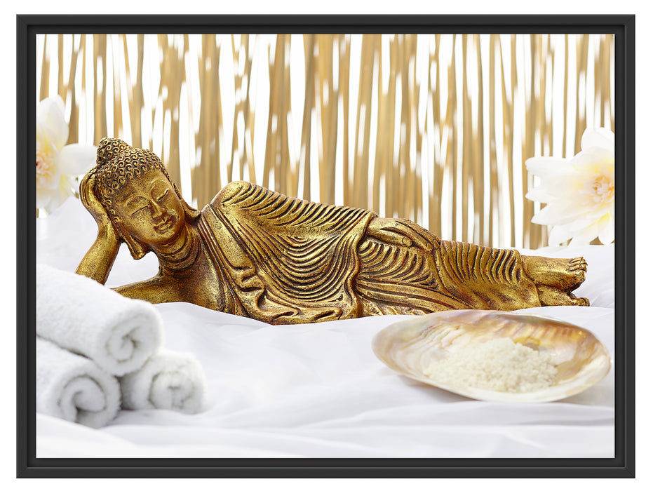 goldener Buddha auf Handtuch Schattenfugenrahmen 80x60