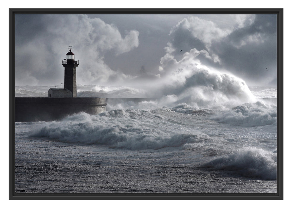 Pixxprint Sturmwellen Leuchtturm Portugal, im Schwebe-Effekt Bilderrahmen