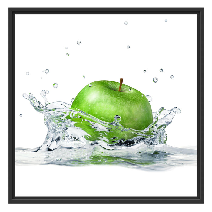 Grüner Apfel fällt in Wasser Schattenfugenrahmen Quadratisch 70x70