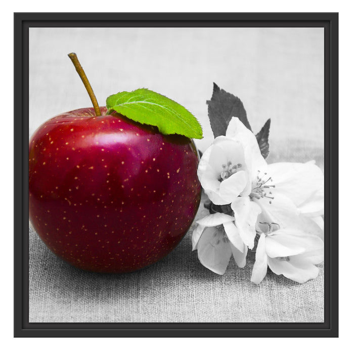 Schöner roter Apfel mit Blüten Schattenfugenrahmen Quadratisch 55x55