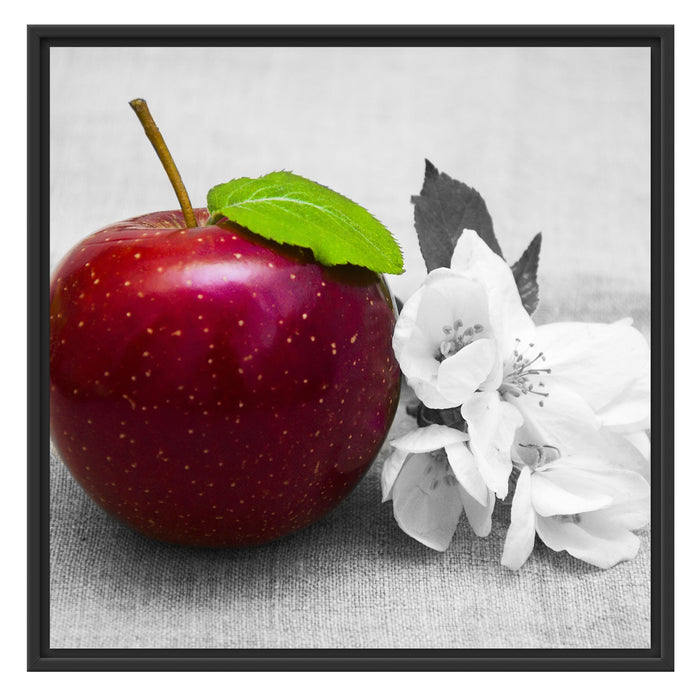 Schöner roter Apfel mit Blüten Schattenfugenrahmen Quadratisch 70x70