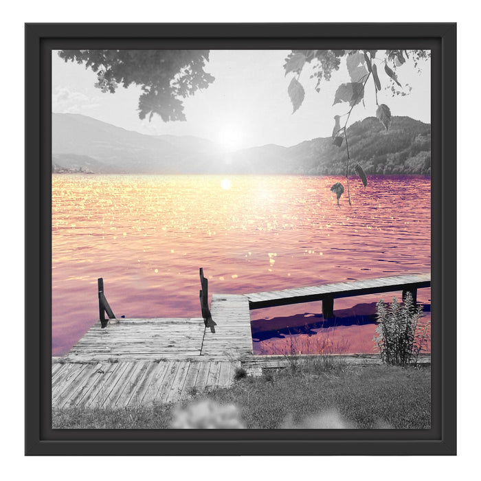 Steg am See bei Sonnenaufgang Schattenfugenrahmen Quadratisch 40x40