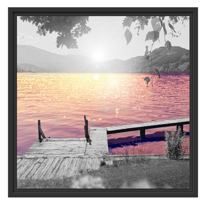 Steg am See bei Sonnenaufgang Schattenfugenrahmen Quadratisch 55x55