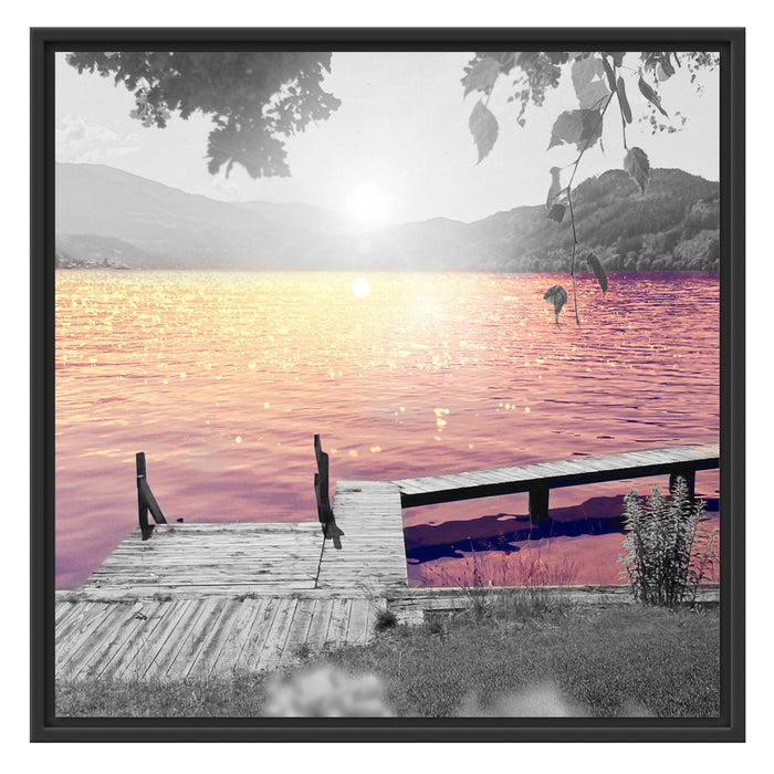 Steg am See bei Sonnenaufgang Schattenfugenrahmen Quadratisch 70x70