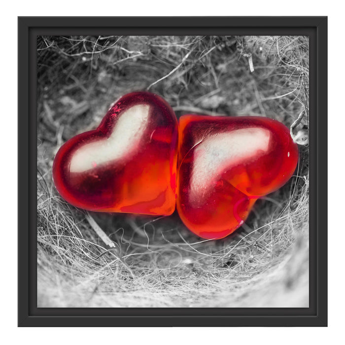 zwei Herzen in kleinem Nest Schattenfugenrahmen Quadratisch 40x40