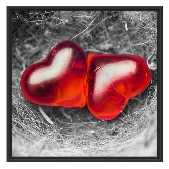 zwei Herzen in kleinem Nest Schattenfugenrahmen Quadratisch 70x70