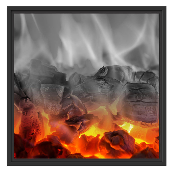 brennende Holzkohle in Kamin Schattenfugenrahmen Quadratisch 55x55