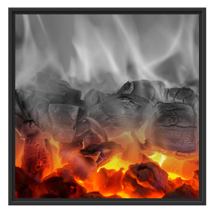 brennende Holzkohle in Kamin Schattenfugenrahmen Quadratisch 70x70