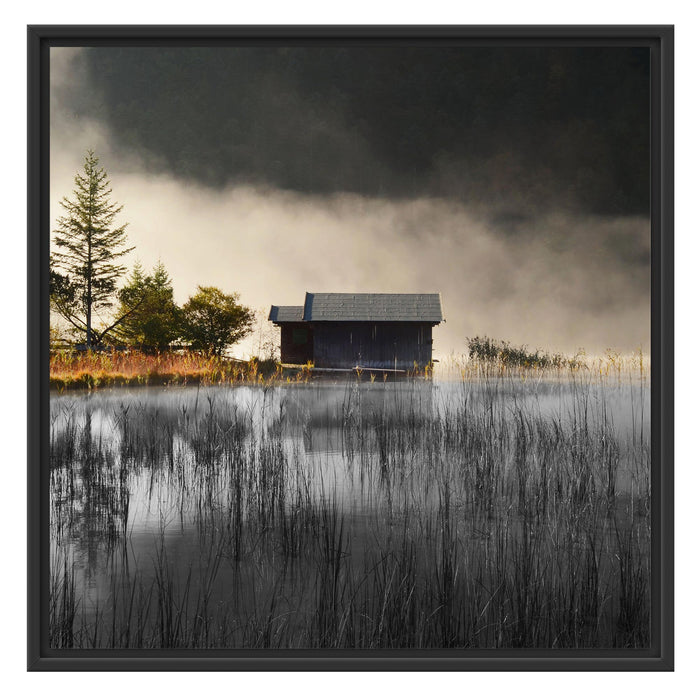 Häuschen am See mit Nebel Schattenfugenrahmen Quadratisch 70x70