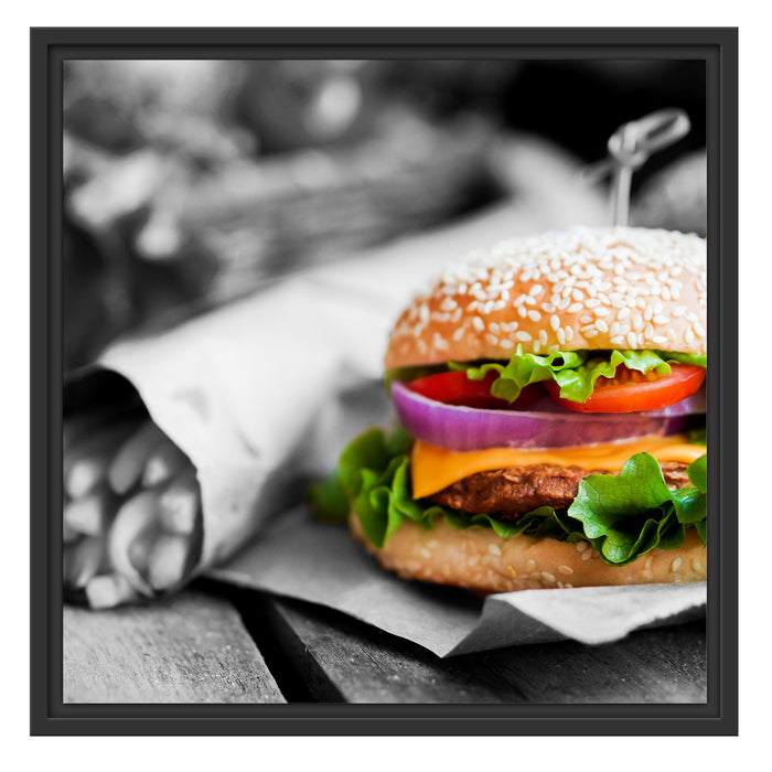 Burger mit Pommes Schattenfugenrahmen Quadratisch 55x55