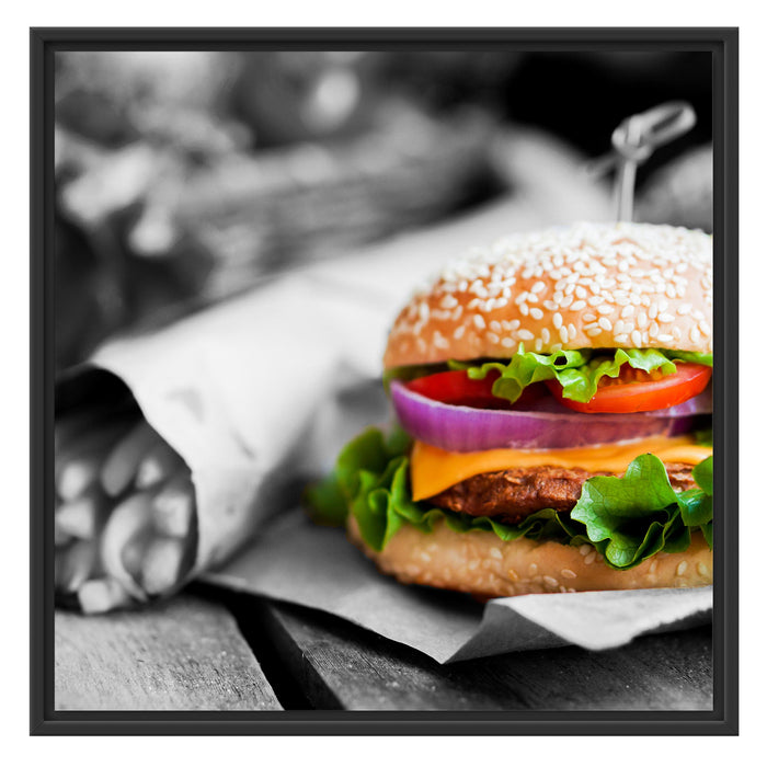 Burger mit Pommes Schattenfugenrahmen Quadratisch 70x70