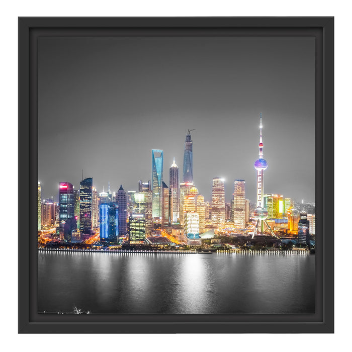 Shanghai Skyline bei Nacht Schattenfugenrahmen Quadratisch 40x40