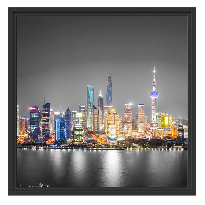 Shanghai Skyline bei Nacht Schattenfugenrahmen Quadratisch 55x55