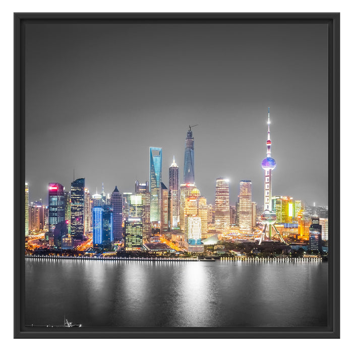 Shanghai Skyline bei Nacht Schattenfugenrahmen Quadratisch 70x70