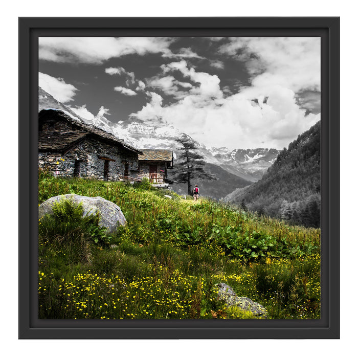 Steinhütte auf Berg Schattenfugenrahmen Quadratisch 40x40