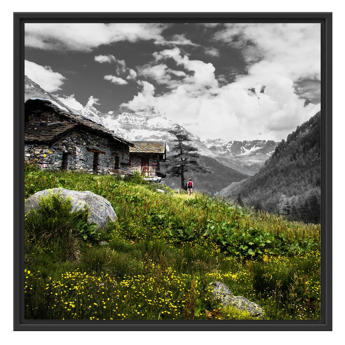 Steinhütte auf Berg Schattenfugenrahmen Quadratisch 70x70