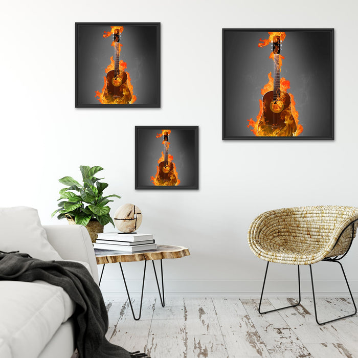 Brennende Gitarre Heiße Flammen Quadratisch Schattenfugenrahmen Wohnzimmer
