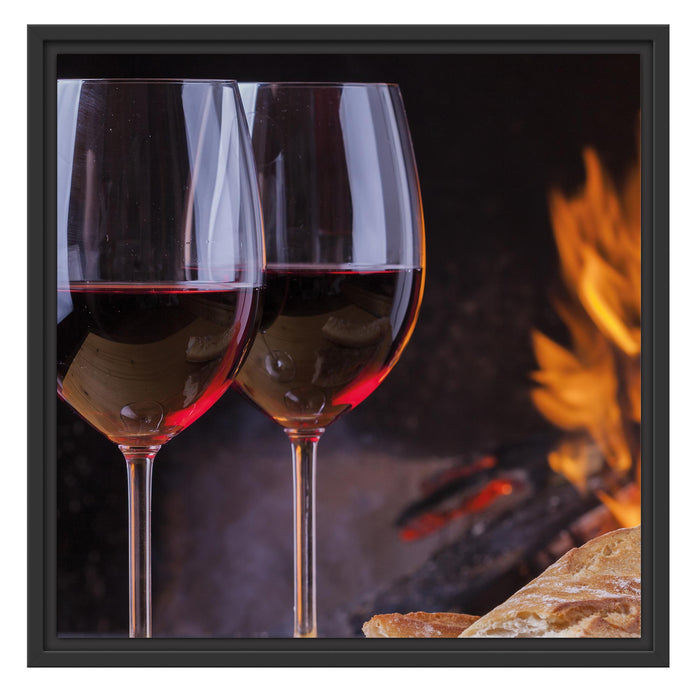 Baguette Wein Picknick B&W Schattenfugenrahmen Quadratisch 55x55