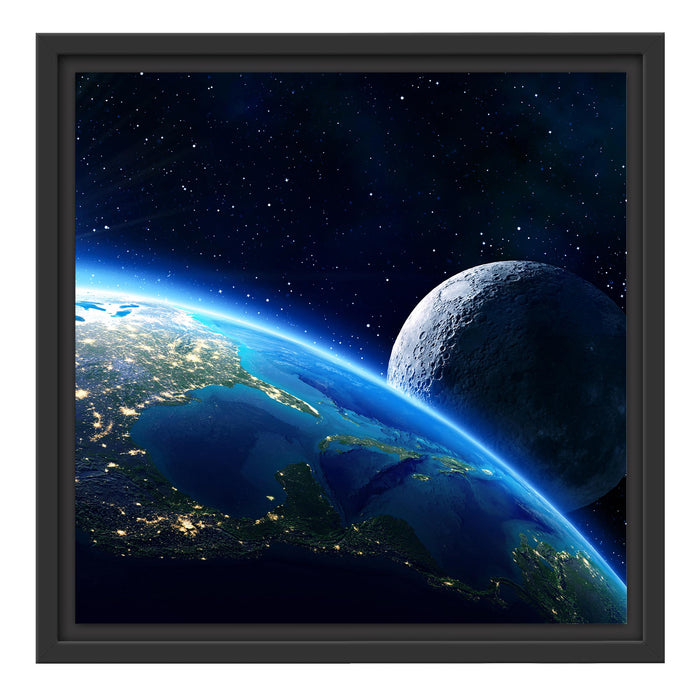 Erde und Mond im All Schattenfugenrahmen Quadratisch 40x40