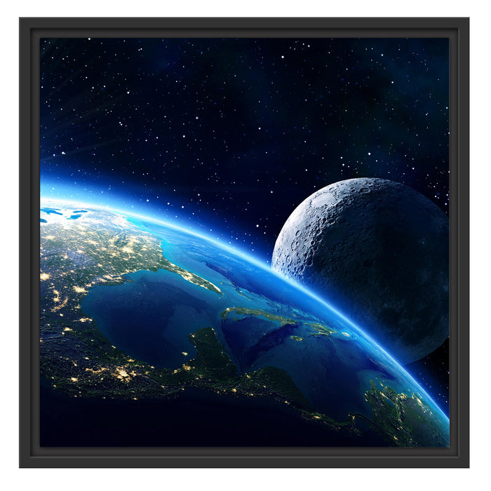 Erde und Mond im All Schattenfugenrahmen Quadratisch 55x55