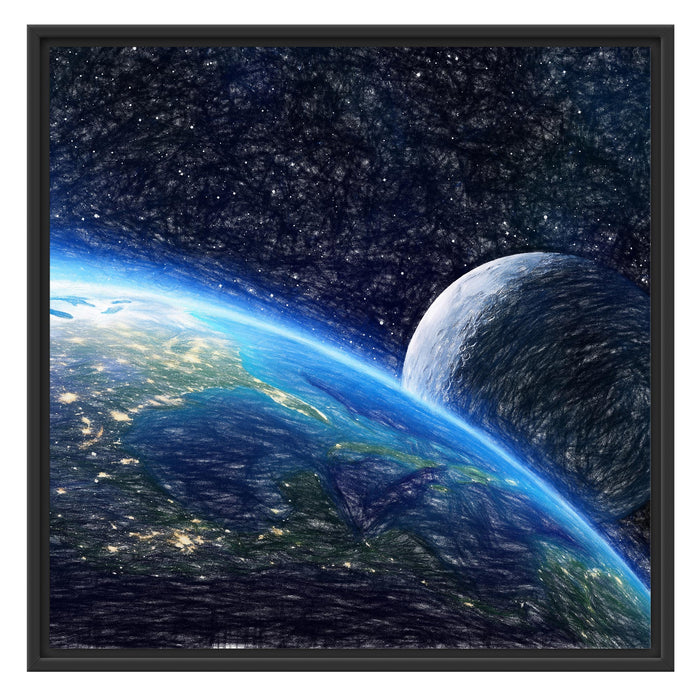 Erde und ihr Mond aus dem All Schattenfugenrahmen Quadratisch 70x70