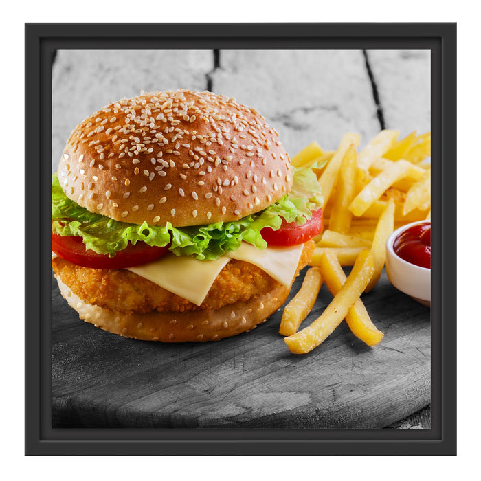 Chickenburger Pommes Schattenfugenrahmen Quadratisch 40x40