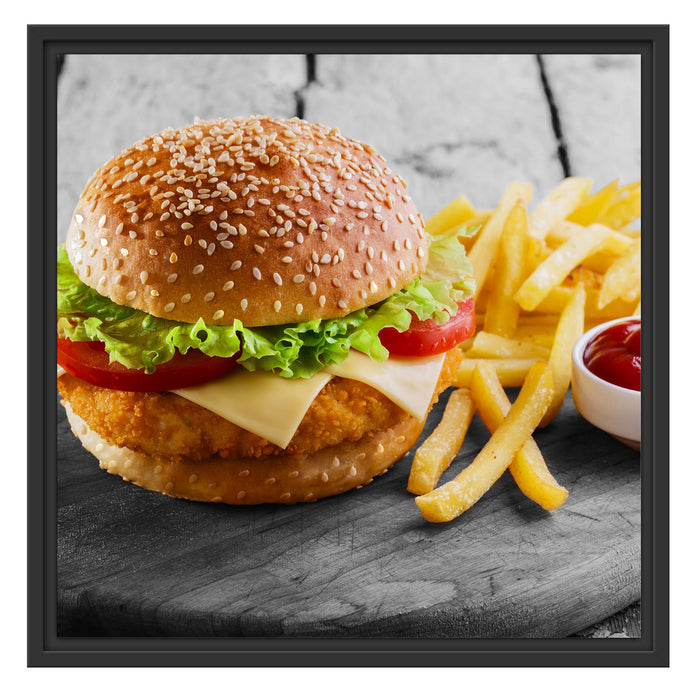 Chickenburger Pommes Schattenfugenrahmen Quadratisch 55x55