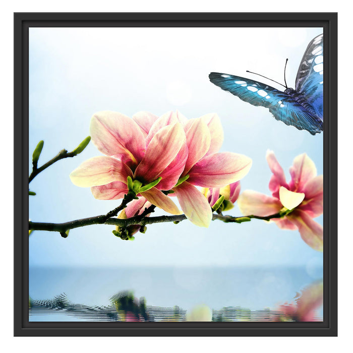 Schmetterling mit Magnolien-Blüte Schattenfugenrahmen Quadratisch 55x55