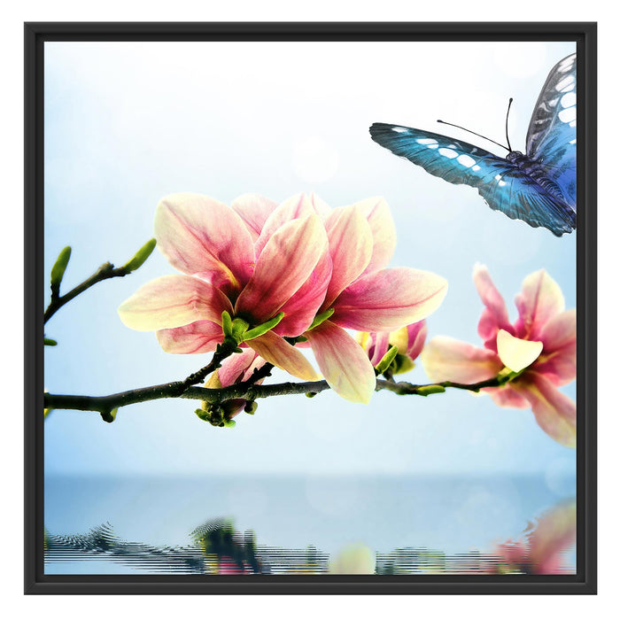 Schmetterling mit Magnolien-Blüte Schattenfugenrahmen Quadratisch 70x70