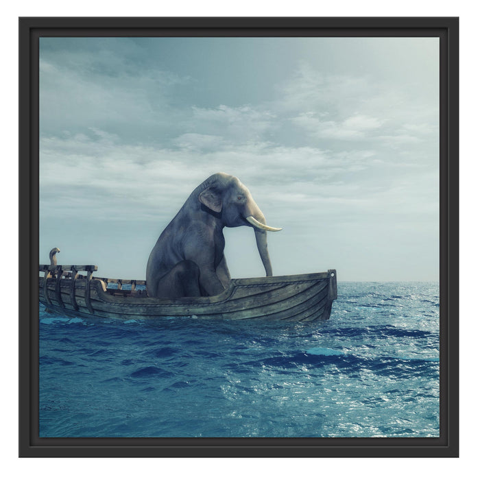 lustig sitzender Elefant im Boot Schattenfugenrahmen Quadratisch 55x55