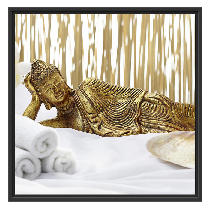 goldener Buddha auf Handtuch Schattenfugenrahmen Quadratisch 70x70