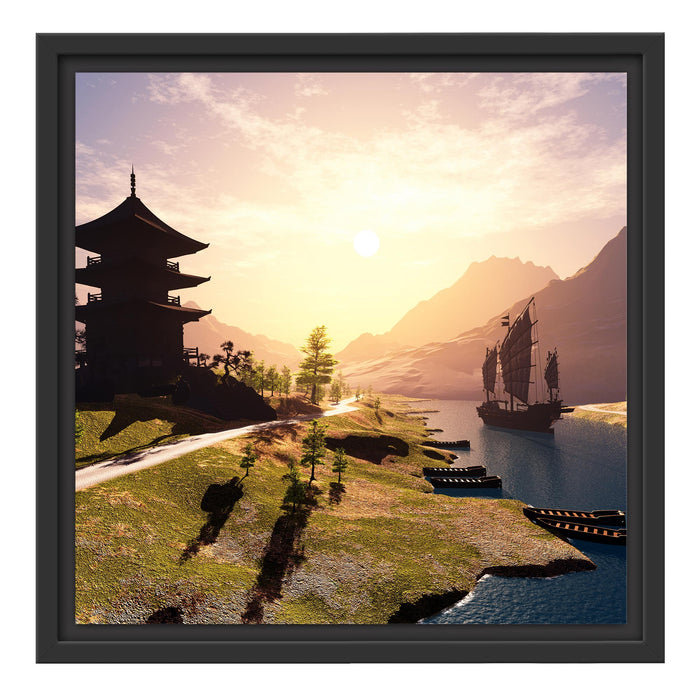 asiatischer Tempel an Fluss Schattenfugenrahmen Quadratisch 40x40