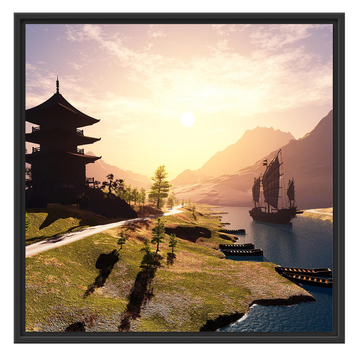 asiatischer Tempel an Fluss Schattenfugenrahmen Quadratisch 70x70