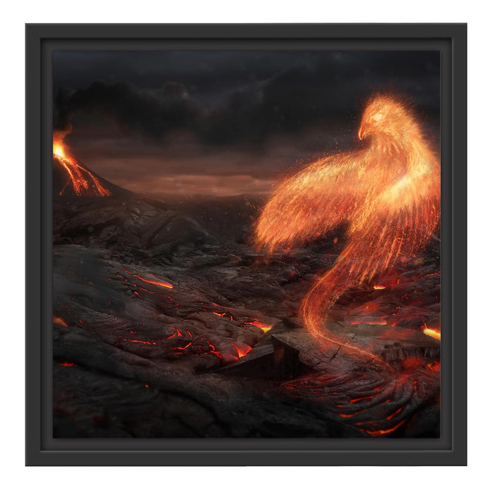 Brennender Phönix Vulkanlandschaft Schattenfugenrahmen Quadratisch 40x40