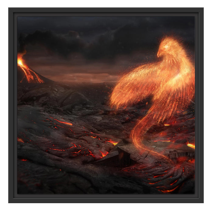Brennender Phönix Vulkanlandschaft Schattenfugenrahmen Quadratisch 55x55