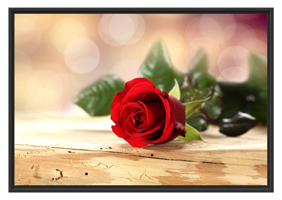 Pixxprint Rose auf Holztisch, im Schwebe-Effekt Bilderrahmen