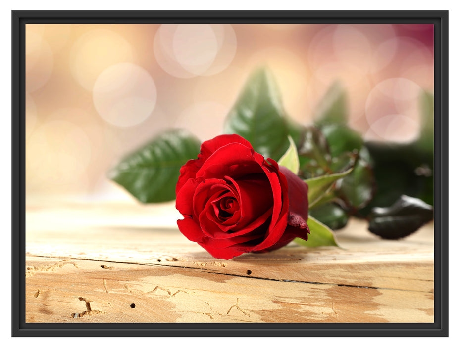 Rose auf Holztisch Schattenfugenrahmen 80x60