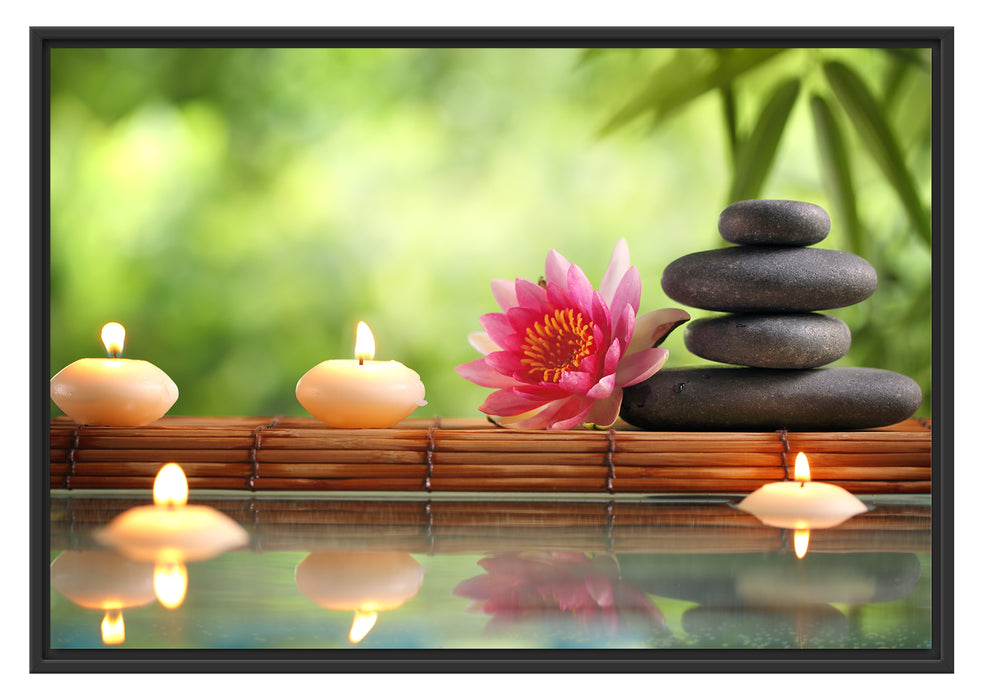 Pixxprint Seerose mit Zen Steinen im Tempel, im Schwebe-Effekt Bilderrahmen