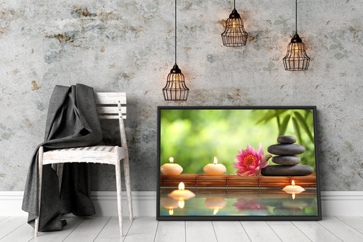 Seerose mit Zen Steinen im Tempel Schattenfugenrahmen Wohnzimmer