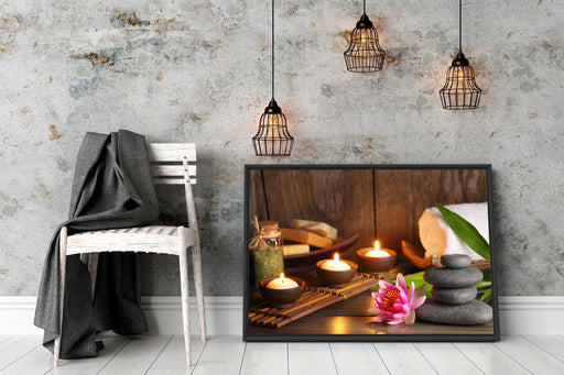 Kerzen mit Zen Steinen und Seerose Schattenfugenrahmen Wohnzimmer