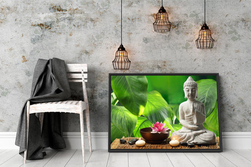 Seerose & Buddha Statue Schattenfugenrahmen Wohnzimmer