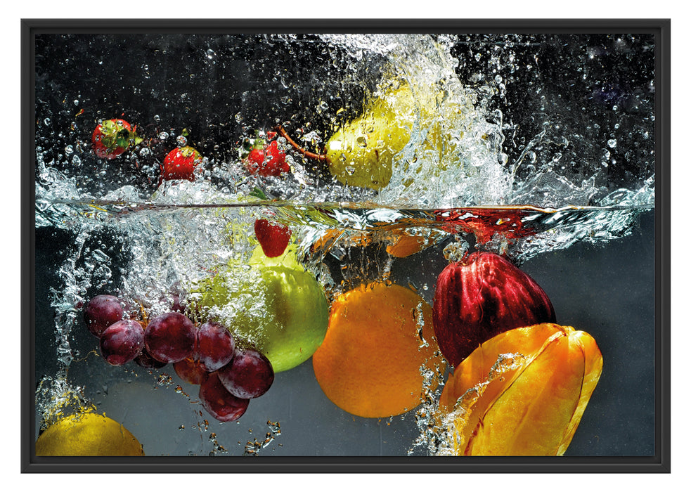 Pixxprint Früchte fallen ins Wasser, im Schwebe-Effekt Bilderrahmen