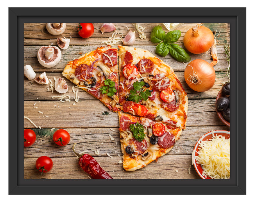Pizza Italia auf Holztisch Schattenfugenrahmen 38x30