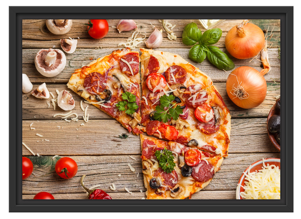 Pizza Italia auf Holztisch Schattenfugenrahmen 55x40