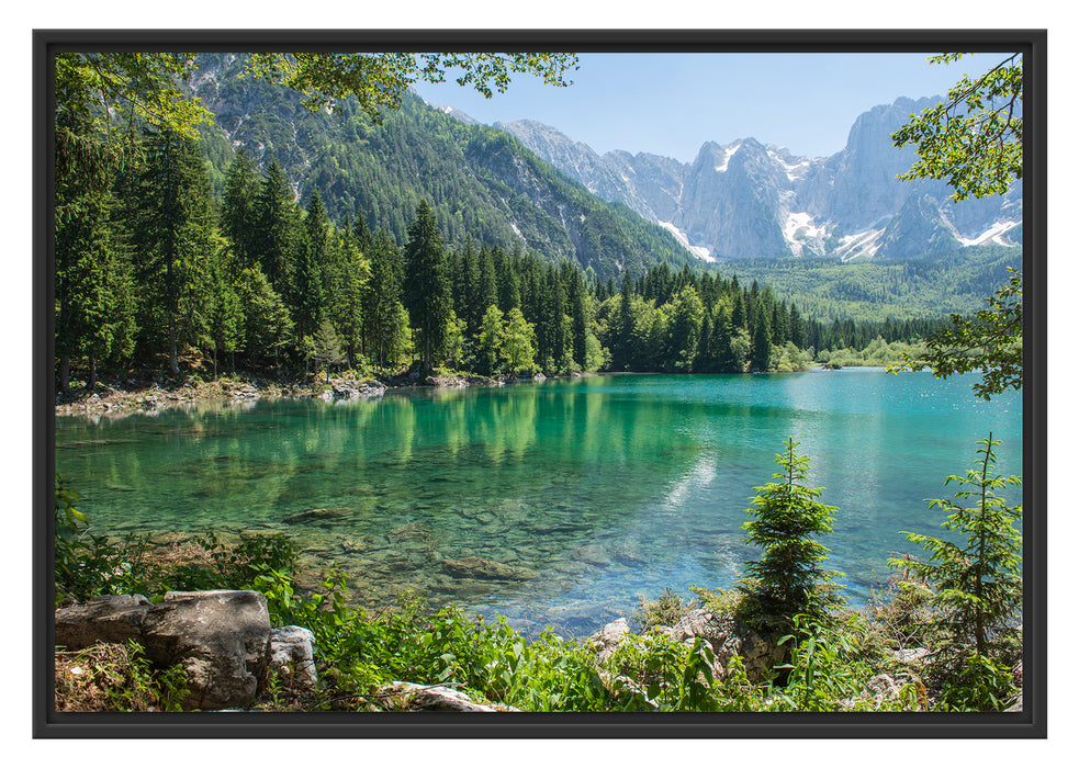 Pixxprint Wunderschöner See im Wald, im Schwebe-Effekt Bilderrahmen